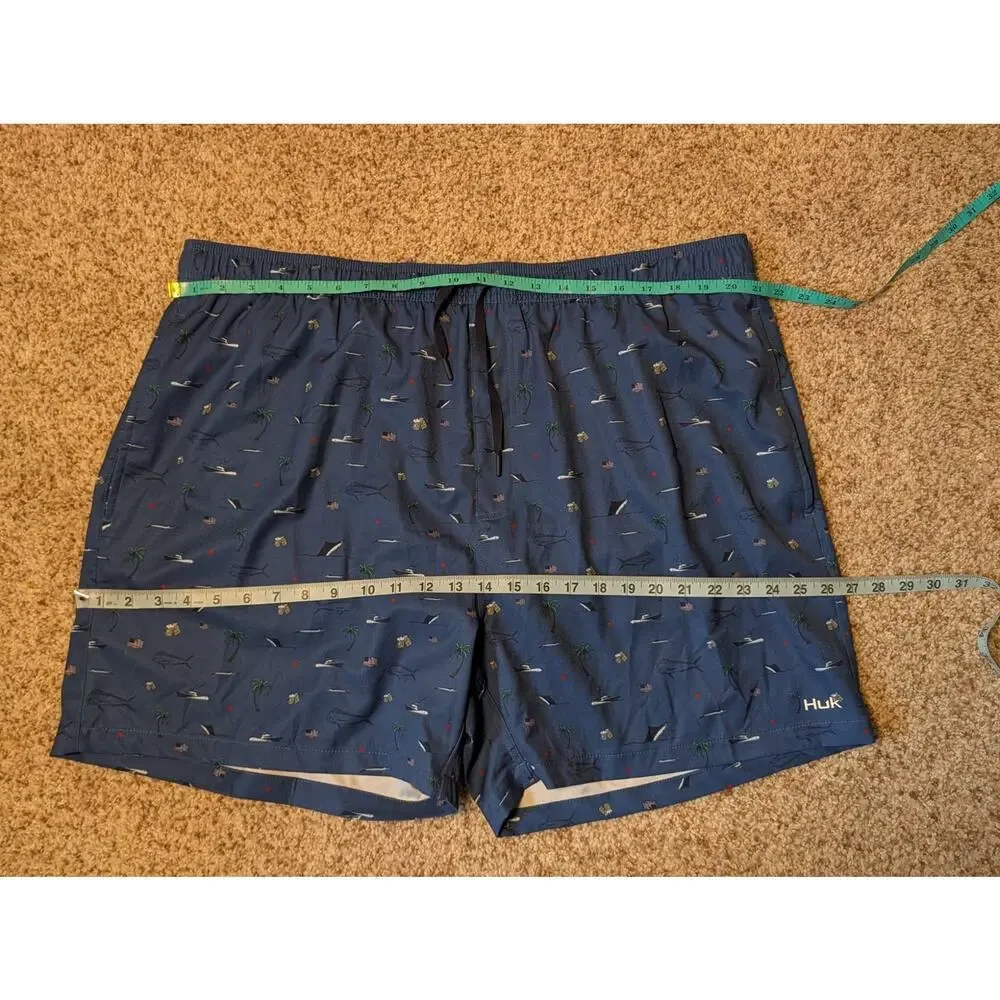 HUK Mens Charter Volley swim trunks/shorts, XXL; boat; Palm tree & Fish Pattern